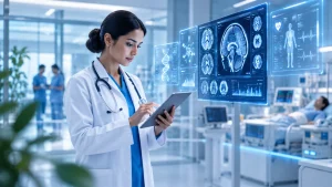 Healthcare professional using AI-powered medical technology and digital health systems.